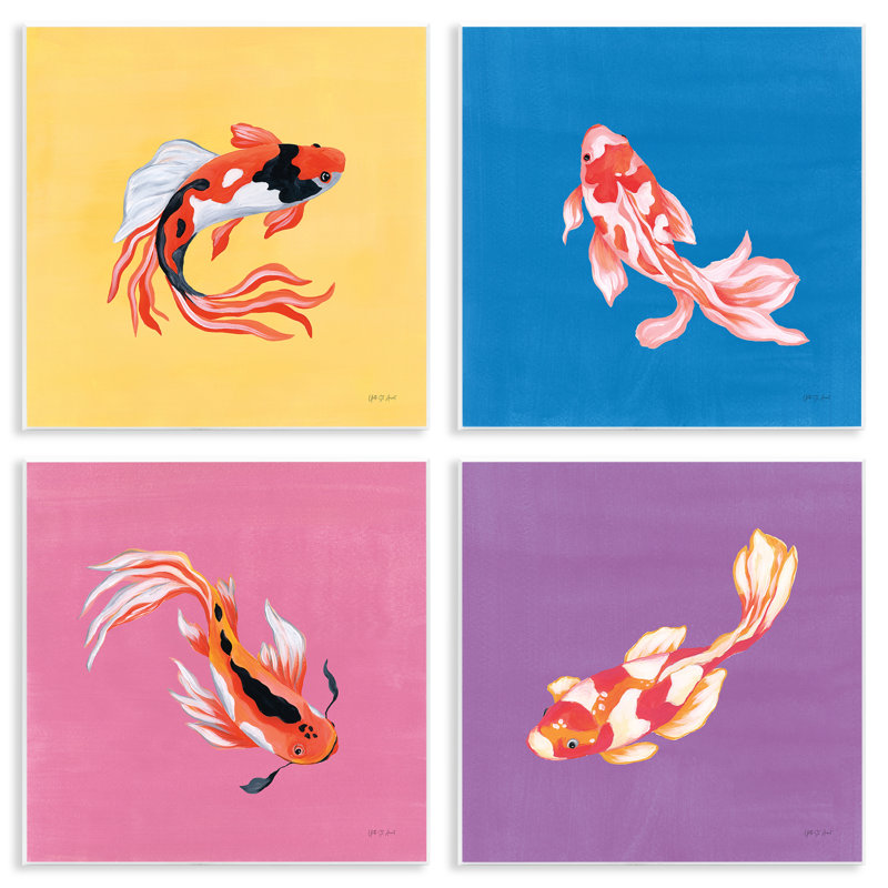 Ensemble de 4 plaques murales vibrantes colorées avec poils de koï, design par Yvette St. Amant