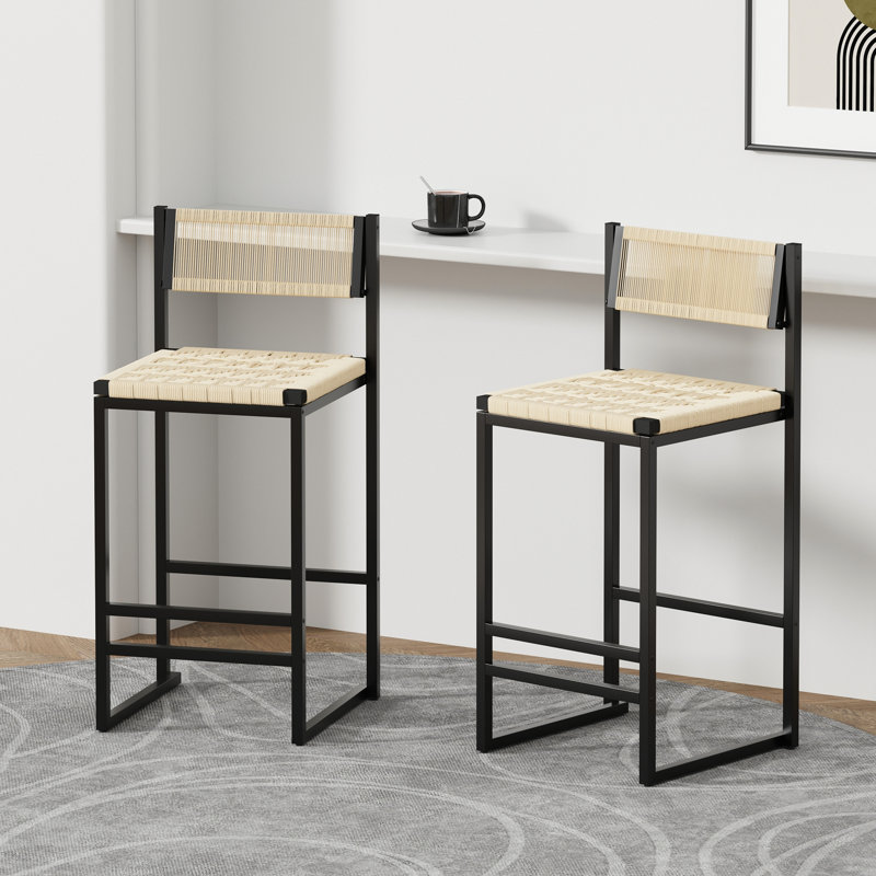 Ensemble de 2 tabourets de bar tissés avec dossier en corde de papier tissé pour îlot de cuisine (style B noir et blanc crème)