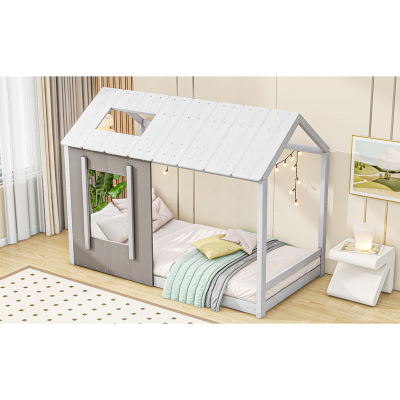 Lit simple avec toit et fenêtre lumineux, Blanc / Gris
