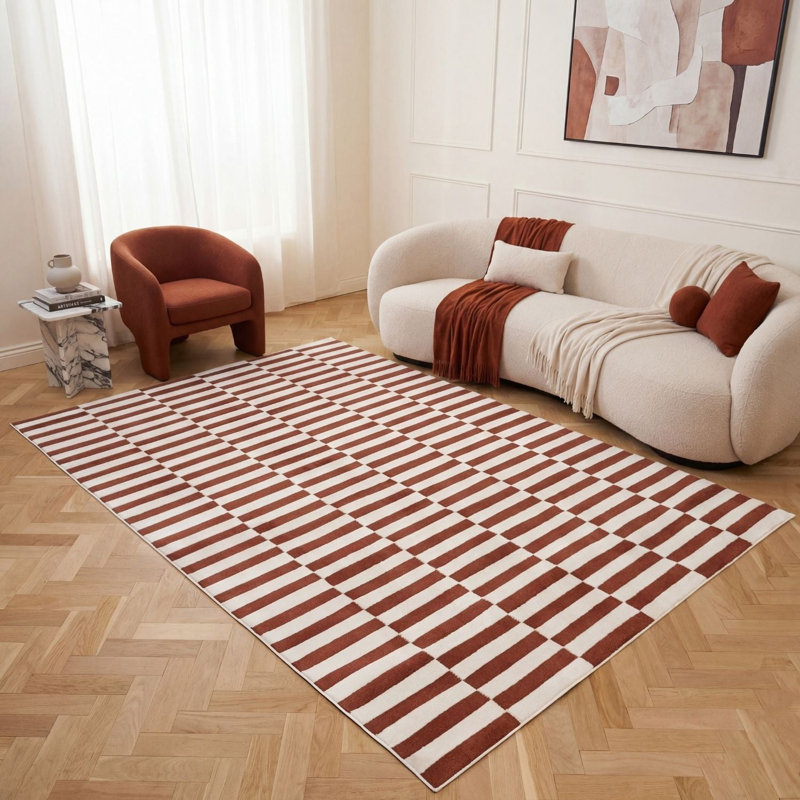 Loft Modern Striped Living Room Area Rug and Runner Soft Pile, Rectangle 200 x 290 cm, Orange/Ivory