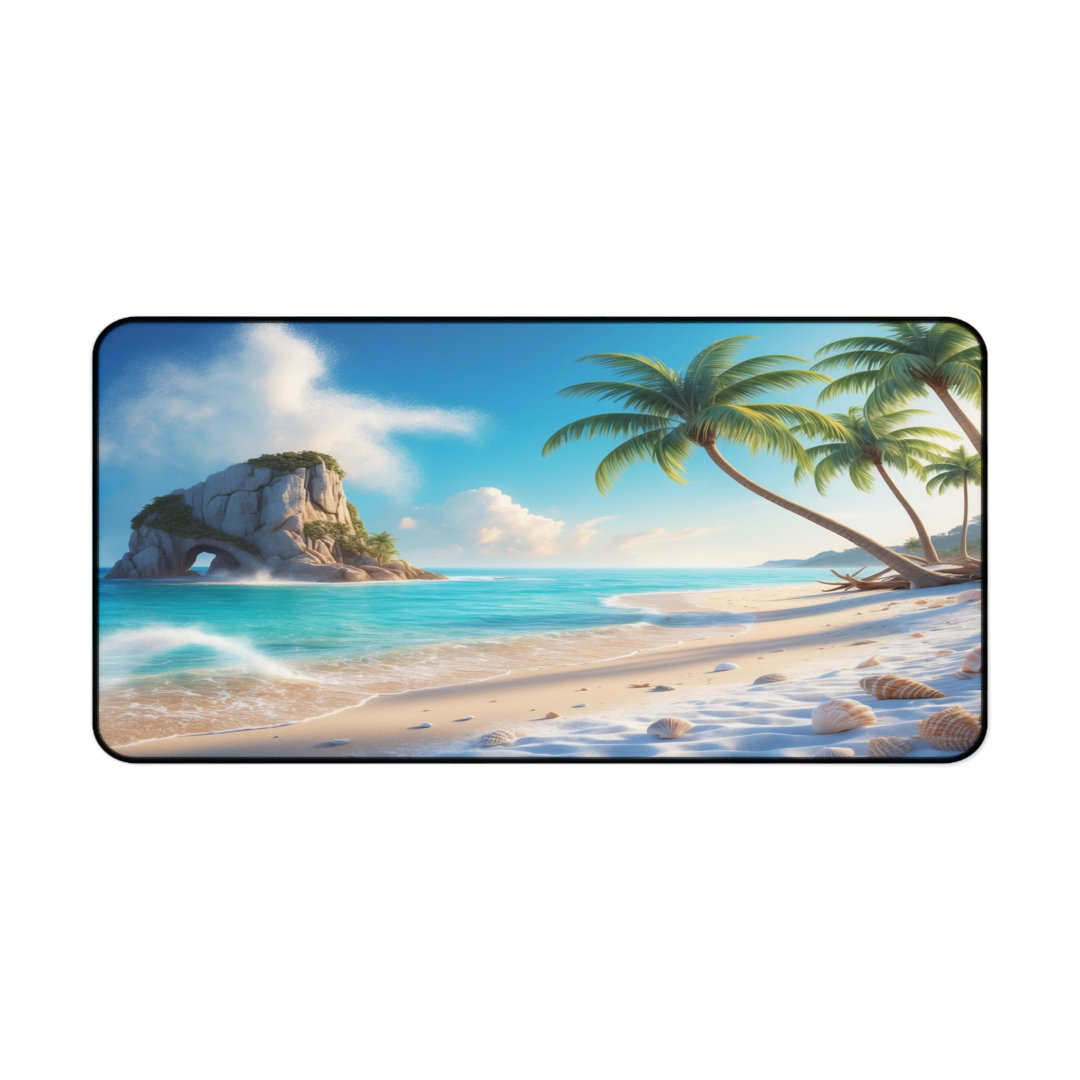 Tropical Beach Desk Mat, Palm Trees, Ocean Waves, Seashells, Island Paradise Scene, Coastal Aesthetic Desk Pad