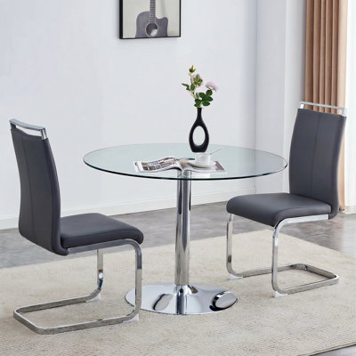 Ensemble de salle à manger 3 pièces en verre rond avec base chromée, 2 chaises en porte-à-faux en similicuir, ensemble de table de cuisine moderne pour petits espaces et appartements