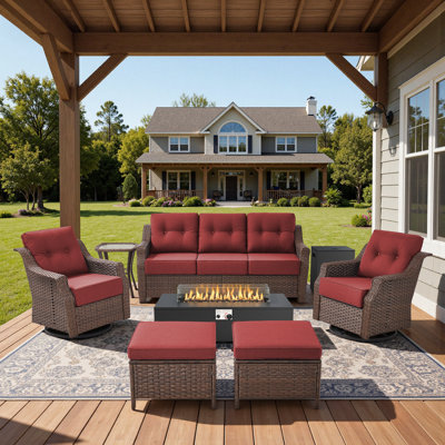 Acton 5-7 Person Outdoor Wicker Patio Family Conversation Set With Swivel Chairs And Metal Fire Pit