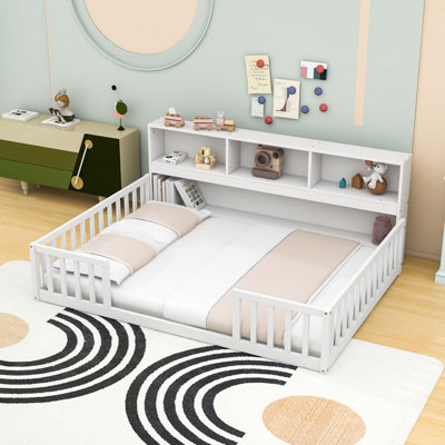 Wooden Floor Daybed With Integrated Full-Length Shelves And Guardrails
