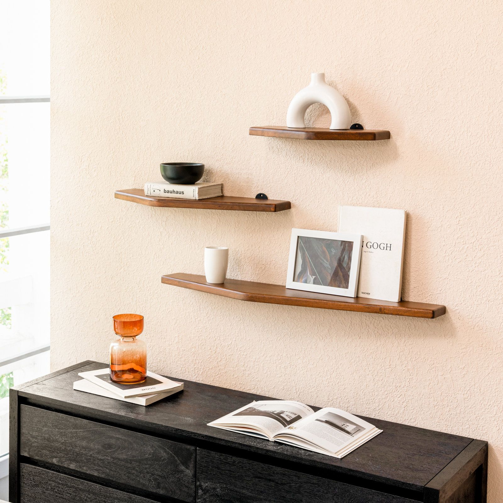 Glennon 3-Piece Solid Wood Floating Shelves, Walnut
