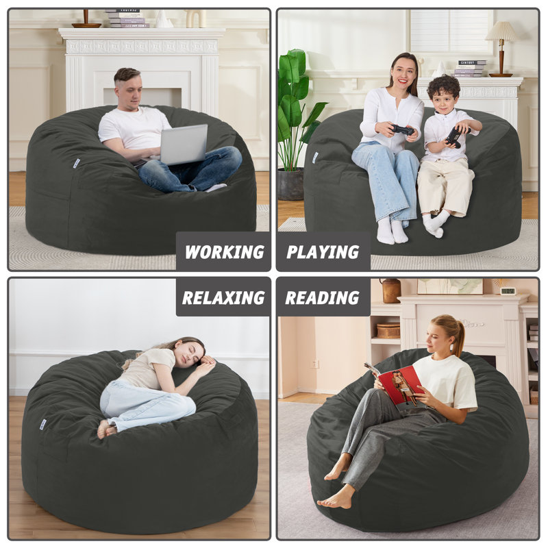 7ft Pre-filled Memory Foam Bean Bag Chair, Gray, 30" H x 56" W x 56" D