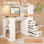 Bureau d'ordinateur blanc avec prise 4-en-1, bureau avec 3 tiroirs coulissants et 4 niveaux de rangement, le bureau en bois convient à une variété d'endroits