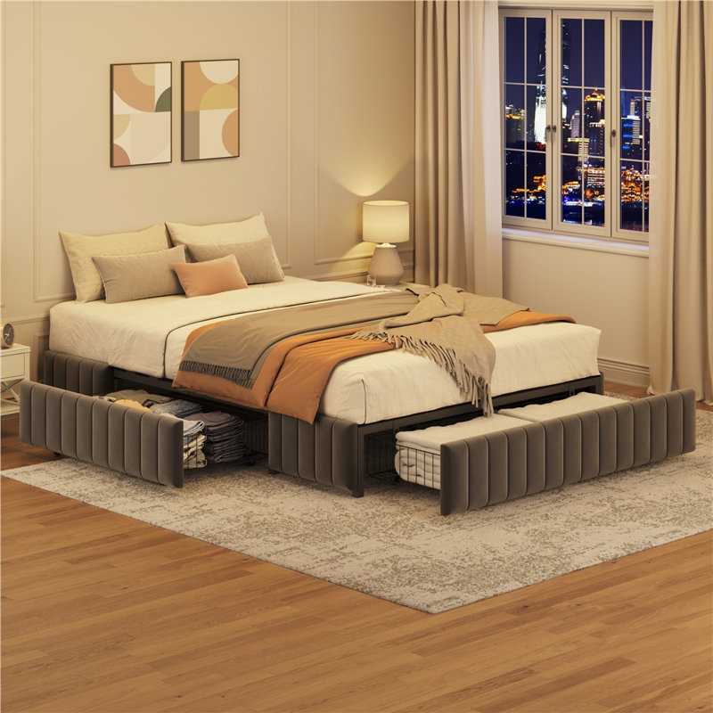 Modern Upholstered Bed Frame with Storage, Full, Dark Grey