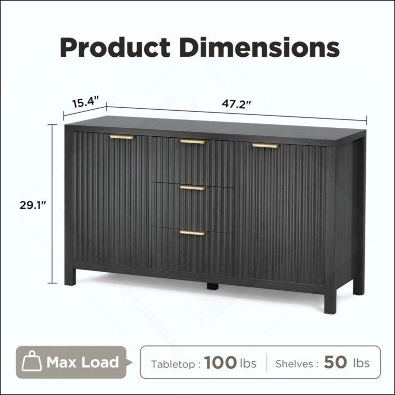 Armoire de rangement à buffet, crédence cannelée avec deux portes et trois tiroirs pour la cuisine et le salon