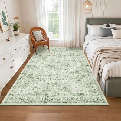 Lavable 9 x 12 tapis rétro Boho pour le salon Tapis antidérapant vieilli pour la salle à manger, la chambre à coucher, la chambre de bébé, le tapis oriental, neutre, pliable, mince, pour salle de jeux, tapis rétro, vert