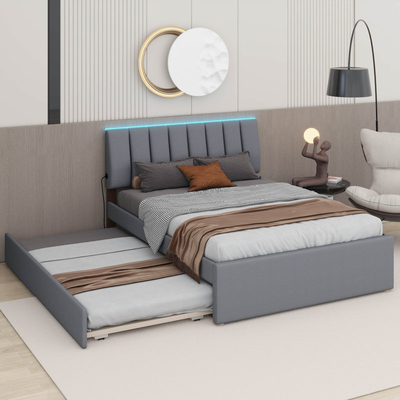 Lit plateforme tapissier Teddy, Gris, Double
