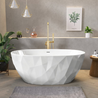 59" W X 30'' D Freestanding Acrylic Oval Bathtub Double Slipper Soaking Tub Stand Alone White Modern Bathroom Tub with Integrated Overflow & Center Drain