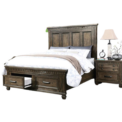 King Bed With Brown Fabric And Wood Panel Headboard Drawers In Traditional Bedroom Size