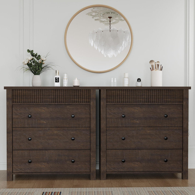 Walnut 3-Drawer Modern Fluted Cabinet - Multi- End Table and Storage Organizer for Bedroom. Living Room or Hallway, Brown