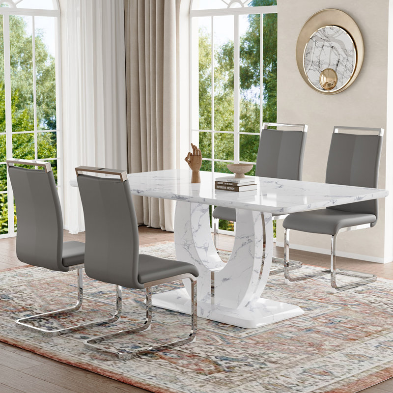 Ensemble de table de salle à manger, Gris / argent, Marbre blanc, 5 pièces