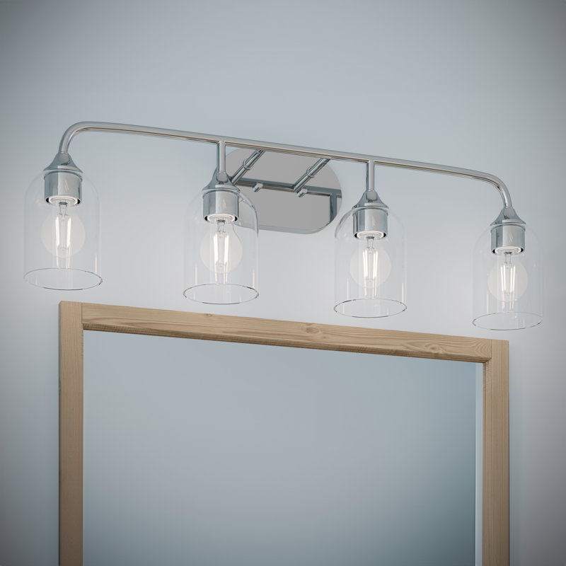 Ensemble de meuble-lavabo 4 lumières en chrome poli avec abat-jour en verre transparent Ilia, Chrome poli, 4