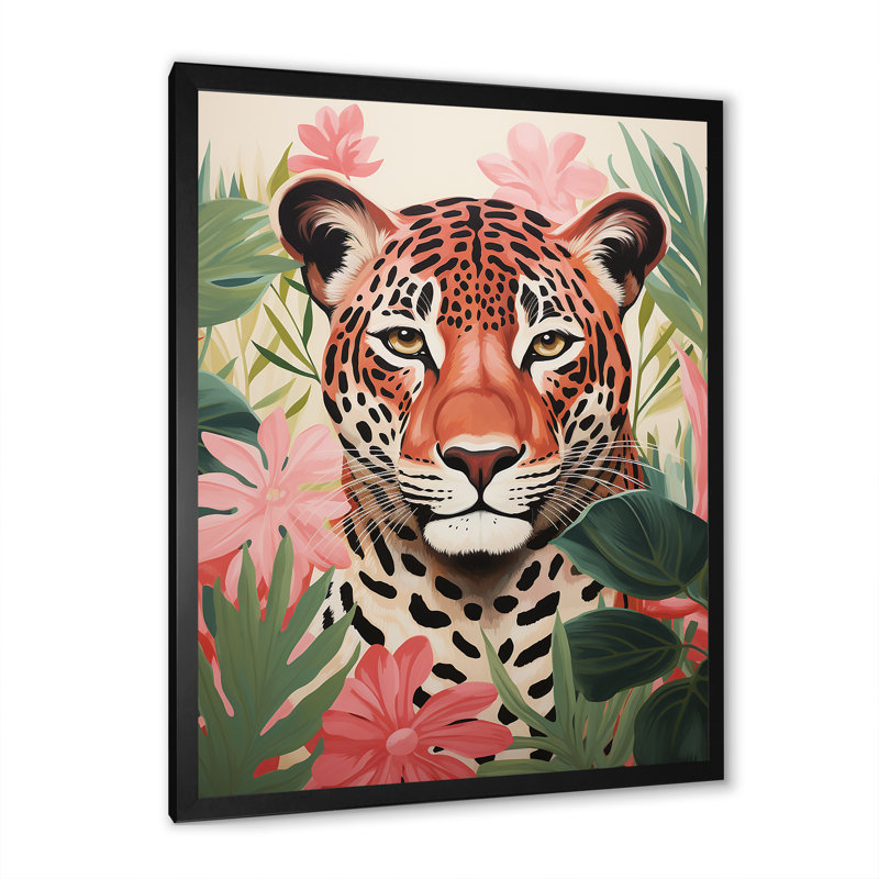 Art mural léopard vert et rose dans la jungle III - léopard / guépard, Cadre simple noir, H 20 po x l 12 po x P 1 po