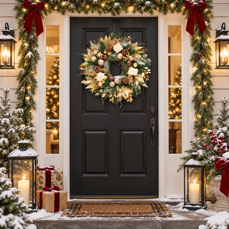 Couronne de Noël 24 po pour porte d'entrée avec feuille d'or et pomme de pin artificielle pré-éclairée avec boules