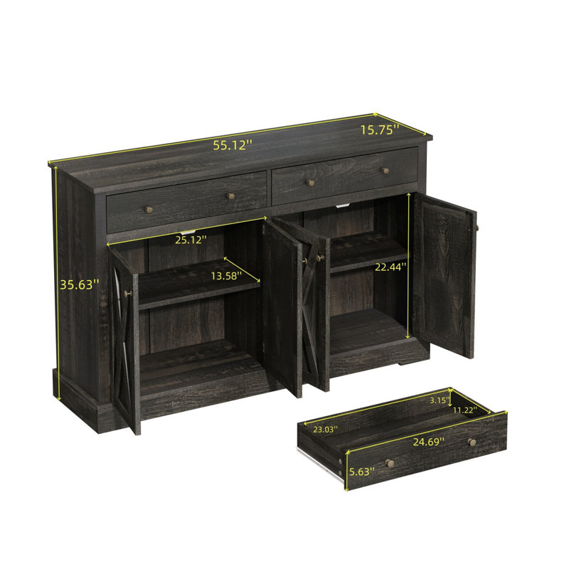 Buffet rétro avec deux tiroirs, armoire de rangement avec quatre portes pour le salon et la chambre à coucher Vintage 55,13 "