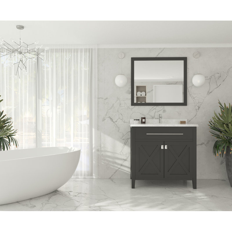 Ensemble de meuble-lavabo simple 36 po Pyles, Espresso, Marbre blanc