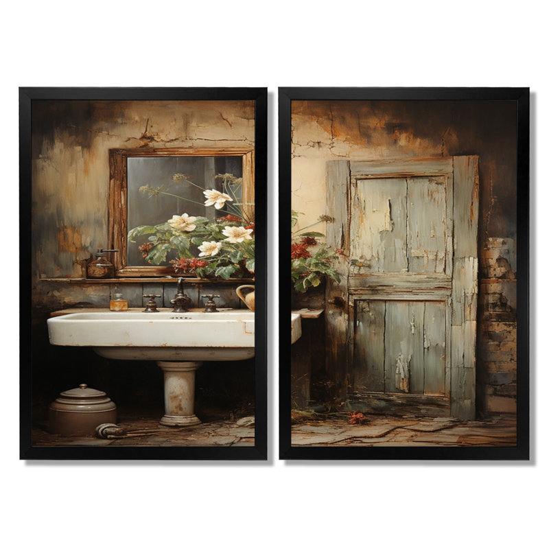 «Bathroom Rustic Charm», ensemble de 2 impressions sur toile, ensemble d'humour beige, H 40 po x l 40 po, Noir