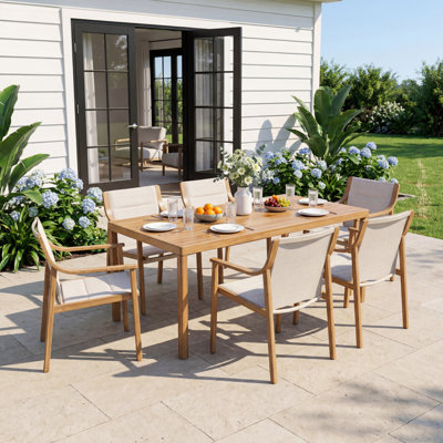 Huitt 7-piece Outdoor Patio Dining Set, 6 Dining Chairs & Table, Teak Finish, All-weather