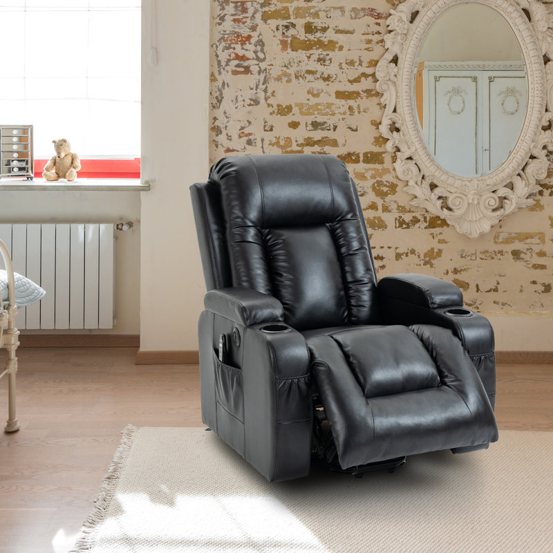 Emalina 39.76"W Breathable Faux Leather Power Recliner, Massage, Heater, Standing Assistance, Black
