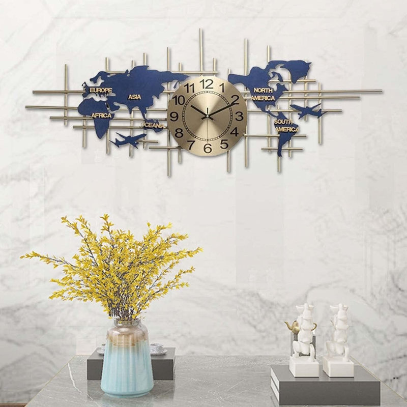 Horloge murale moderne à quartz silencieux avec carte du monde en 3D, décor sans cadre en métal fait à la main pour le salon, grand art mural décoratif