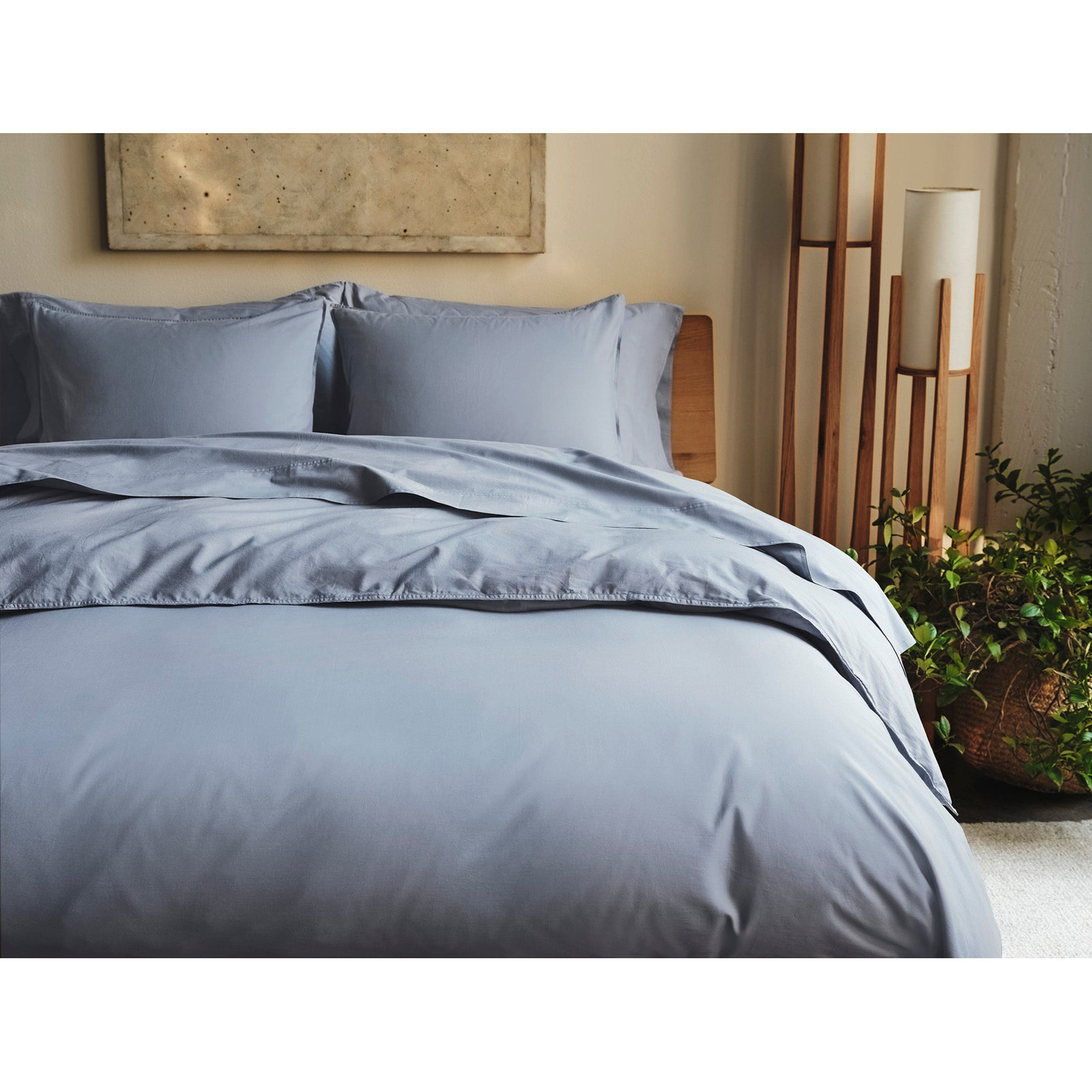Organic Crinkled Percale 100% Cotton Percale Sheet Set, King Sheet Set with 2 Pillowcases, Steel Blue