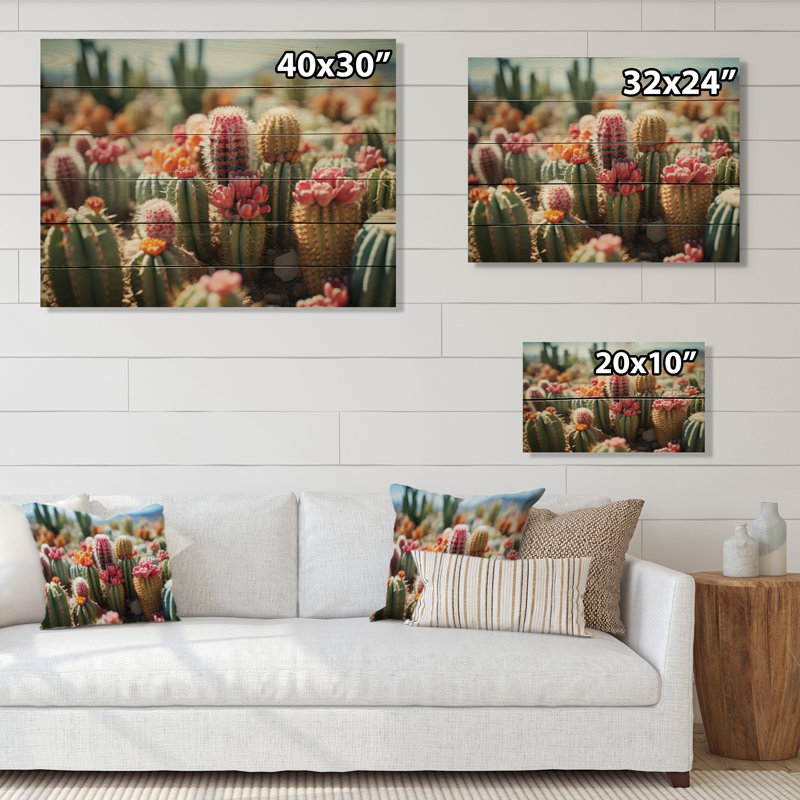 Cactus vert et rose I sur bois, H 24 po x l 32 po x P 0,78 po