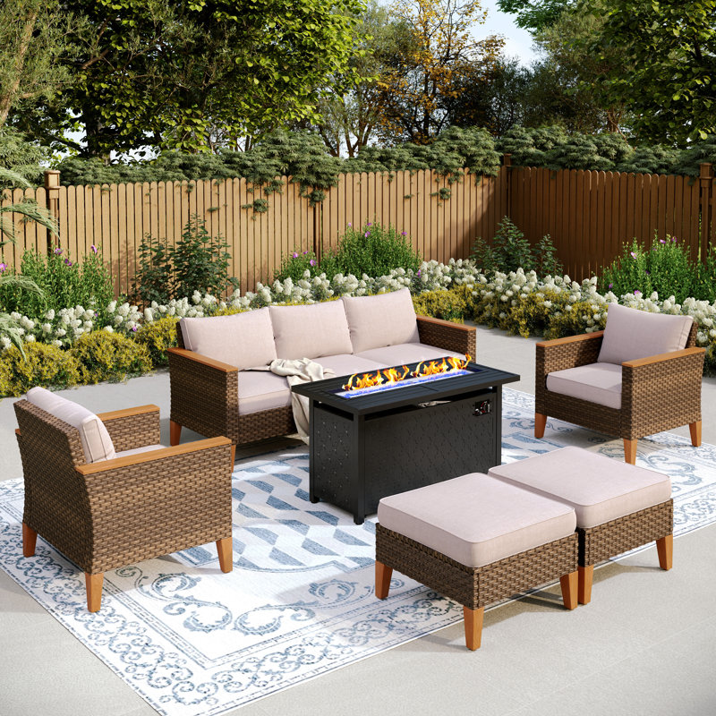 Phenice 7 - Person Outdoor Wicker Patio Conversation Furniture Set with Fire Pit Table, Beige