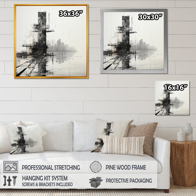 Minimalisme noir et blanc, paysage de jetée I sur toile, Encadrement doré, H 36 po x l 36 po x P 1,5 po