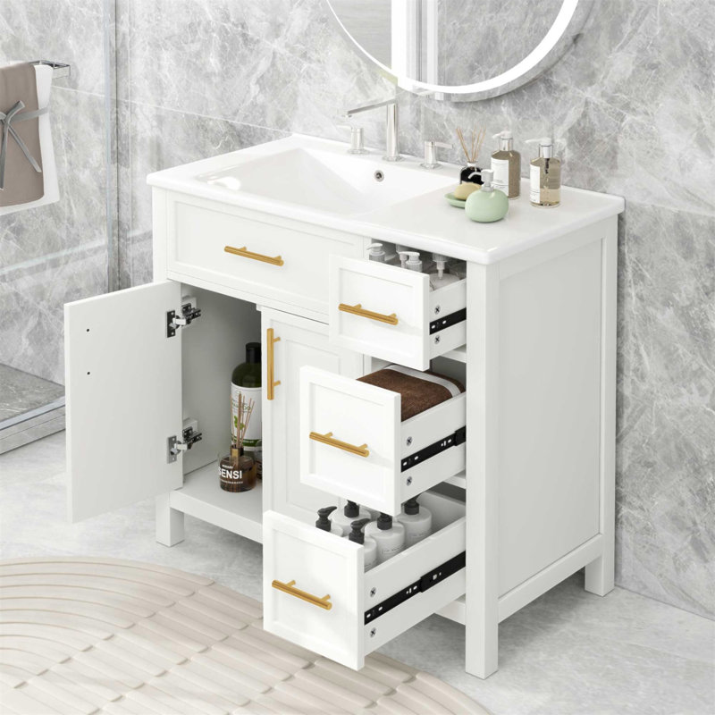 Meuble-lavabo blanc cassé 36 po avec lavabo en céramique, deux portes, trois tiroirs, fabrication en bois massif et panneau de fibres à densité moyenne