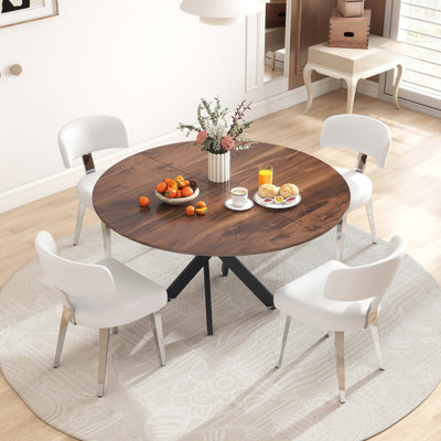 Ensemble de table de salle à manger ronde, ensemble de table de cuisine moderne avec pieds croisés, plateau de table en bois aggloméré et chaises rembourrées en cuir de polyuréthane, ensemble de salle à manger robuste et peu encombrant pour la salle à manger, la cuisine et les petits espaces