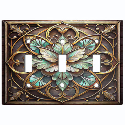 Metal Light Switch Plate Cover; US Standard Size 3 Gang Toggle - Printed Image of Stained Glass Rustic Flower