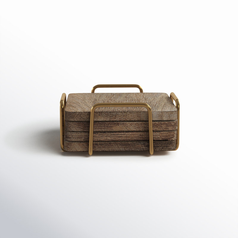 Wallis Godinger Wooden Coaster Set with Holder, Burned/Gold