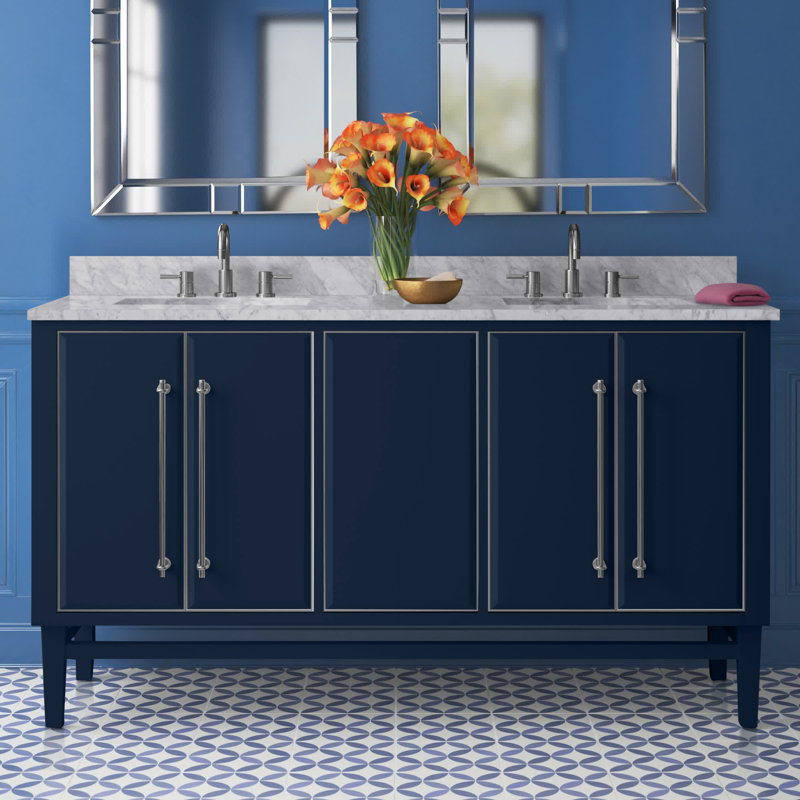 Meuble-lavabo double 60 po avec comptoir en marbre de Carrare Ewen, Blanc de Carrare, Bleu marine, Argent brossé
