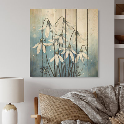 Minimalisme bleu et blanc Snowdrops Bloom I - Snowdrops, art sur bois de pin naturel