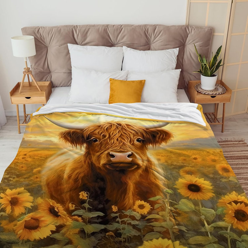 Couverture Highland Cow and Sunflowers, jolis imprimés et jetés Highland Cows, cadeaux de vache mignons pour les filles, les adultes et les enfants, literie douillette douillette, décor de vache Highland