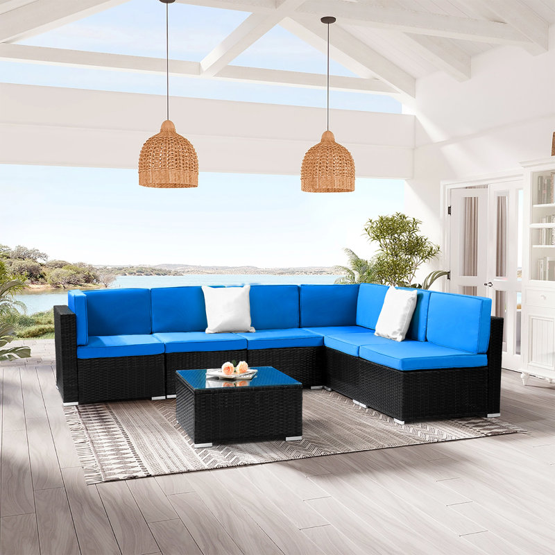 Ensemble de conversation modulaire en rotin 7 pièces avec coussins Aldebaran, Structure noire / coussin bleu