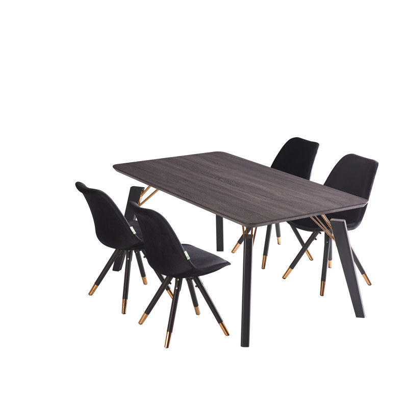 Gualtier 4 Person Dining set - a Rectangular Wooden Dining Table with Metal Legs and a Set of 4 Quilted Velvet Dining Chairs for Dining Room - Modern Dining Table Set