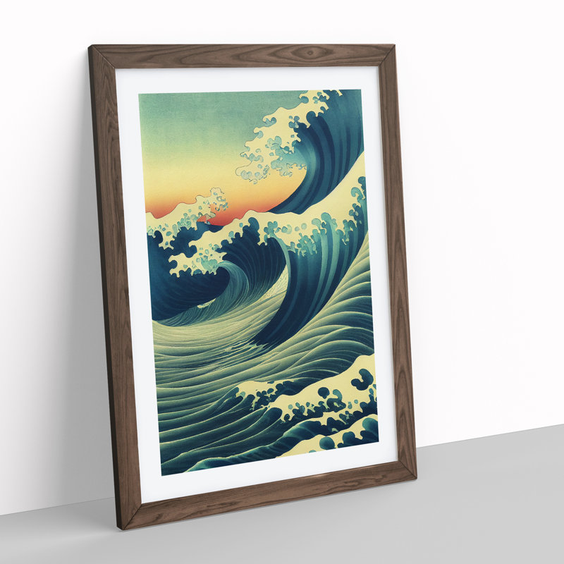 Japanese Wave At Sunset No.5 - Single Picture Frame Print, 64cm H x 46cm W x 2cm D, Walnut