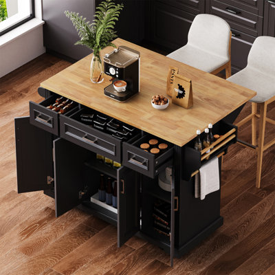 54Inch Large Kitchen Island With Rubber Wood Drop Leaf, Embossed Texture Rolling Kitchen Cart On 4 Wheels With 4 Doors And 3 Drawers, Kitchen Island With Storage For Kitchen, Dining Room