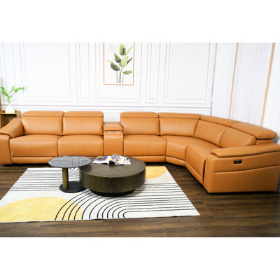 Canapé modulaire en cuir 6 pièces avec 2 porte-gobelets, brun, confortable pour le salon, rembourrage haute résilience, fonction inclinable électrique