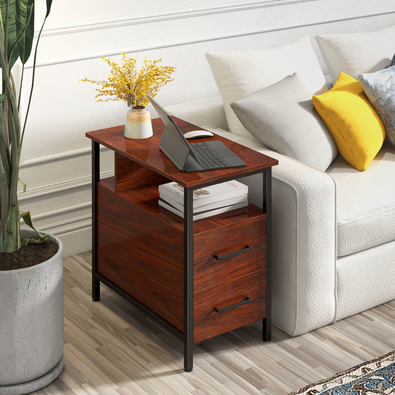 End Table with Charging Station, Narrow End Table with 2 Wooden Drawers, Espresso