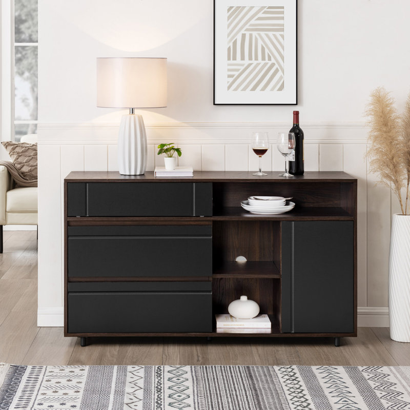 Buffet contemporain de 52 po avec rangement ouvert Yveth, Espresso foncé / noir uni