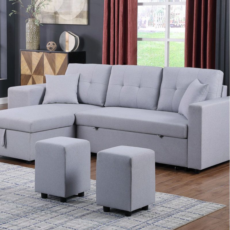 Canapé-lit modulaire réversible en tissu de lin avec méridienne de rangement et 2 tabourets