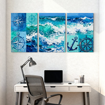 Nautique et plage, océan, vagues, boussole, ancre, bateau, roue, ensemble de 3 impressions sur toile
