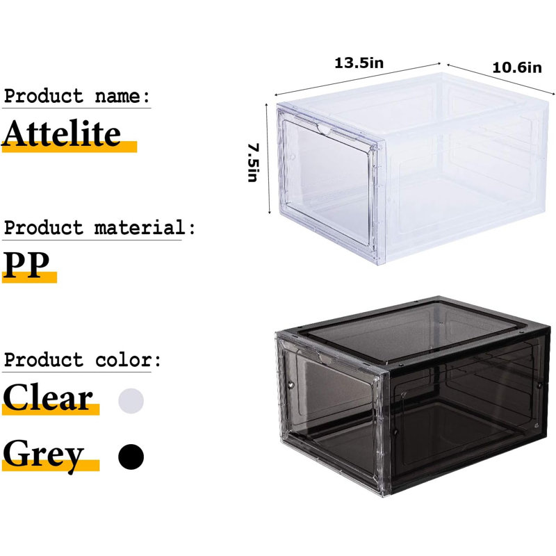 Shoe Box,Set of 6,Stackable Plastic Shoe Box with Clear Magnetic Door, Shoe Storage Box Clear Shoe Box Drop Front Display Sneakers,Easy Assembly,Fit up to US Size 12(13.4”x 10.6”x 7.4”)