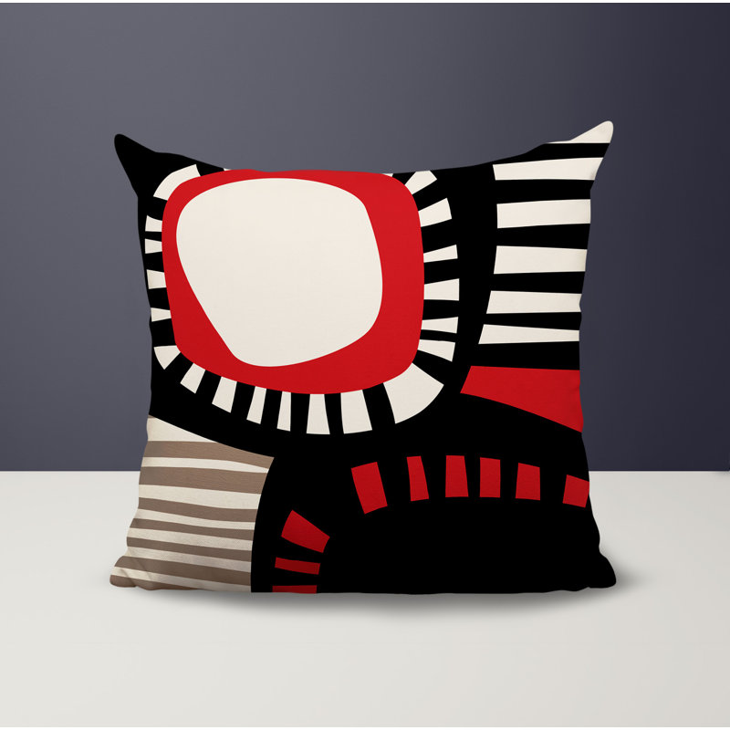 Oreiller carré réversible intérieur / extérieur Alika, Rouge / noir / blanc cassé abstrait, H 15 po x l 15 po